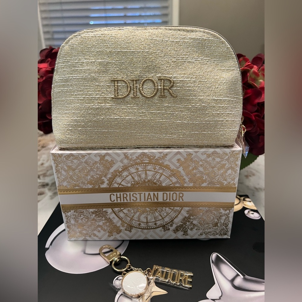 NIB DIOR Holiday 2024 Exclusive Gold Cosmetic Bag and j’adore bag charm bundle